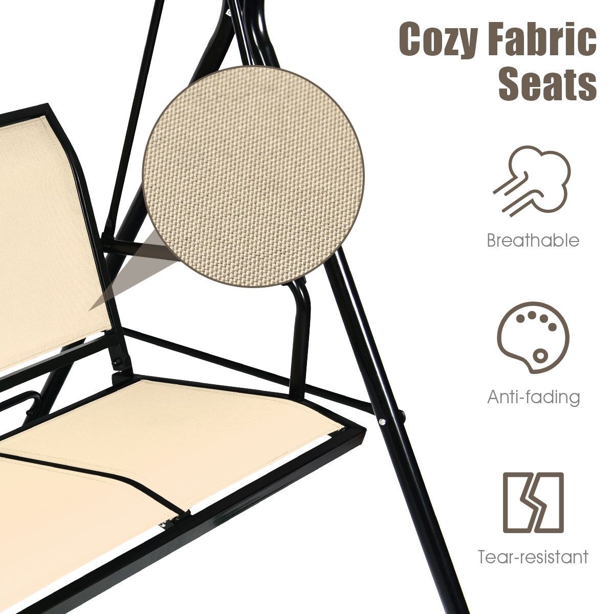 3 Person Steel Frame Patio Swing with Polyester Angle and Adjustable Canopy-BrownÂ