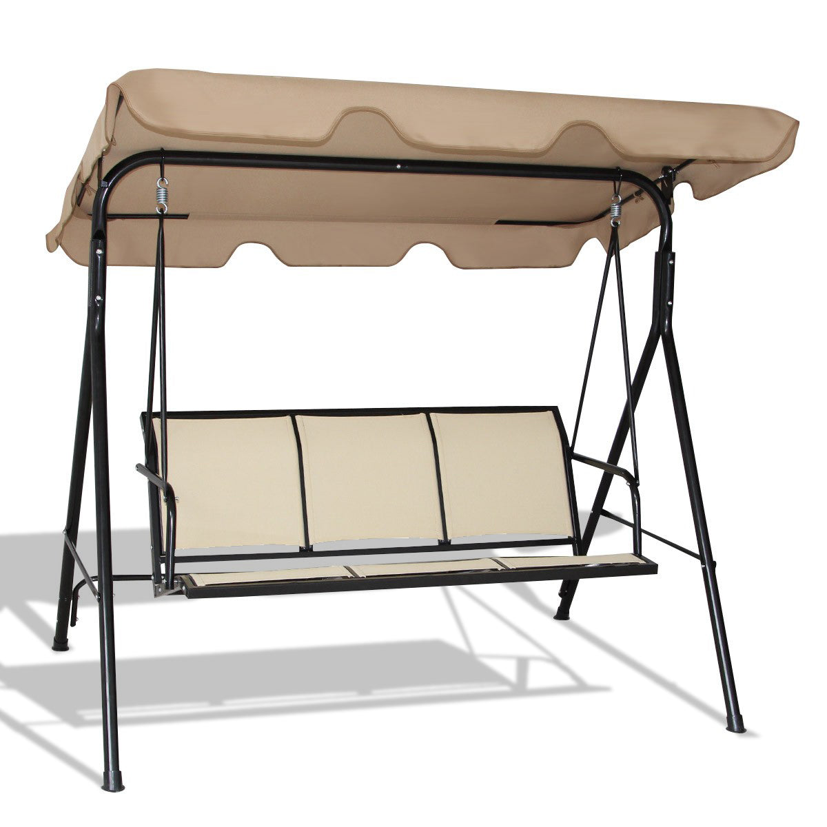 3 Person Steel Frame Patio Swing with Polyester Angle and Adjustable Canopy-BrownÂ