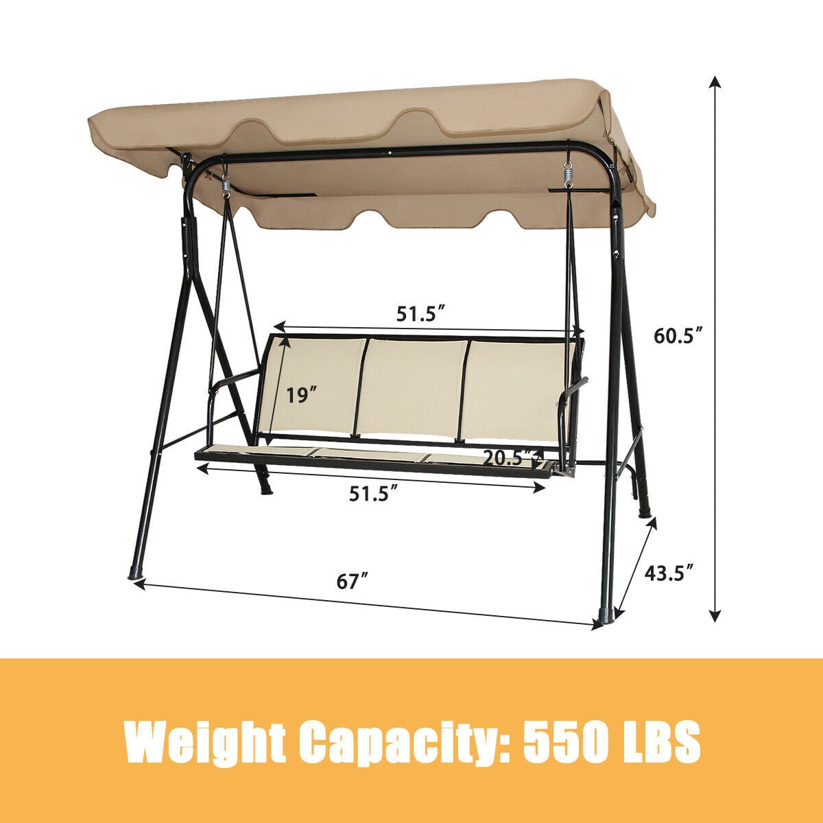 3 Person Steel Frame Patio Swing with Polyester Angle and Adjustable Canopy-BrownÂ