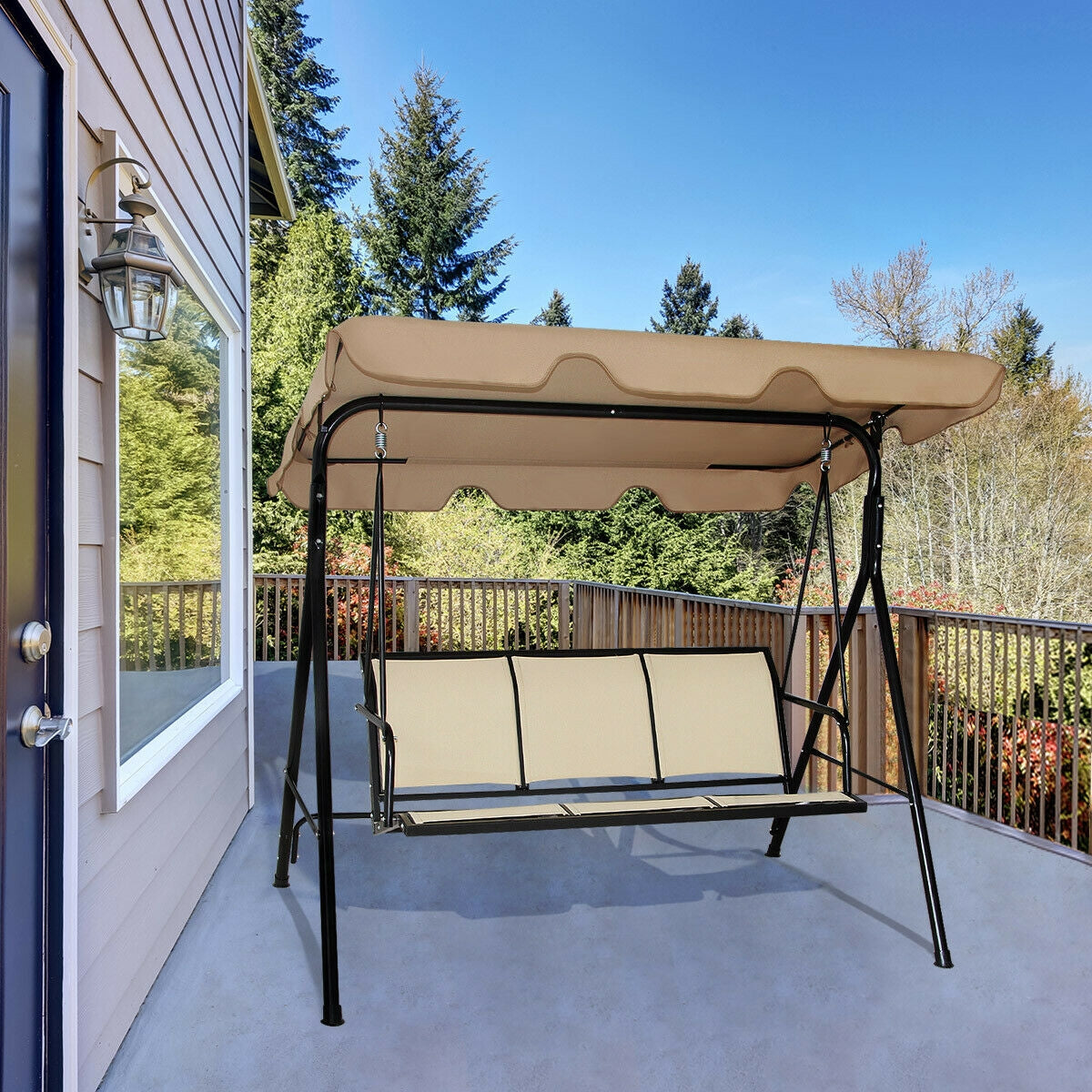3 Person Steel Frame Patio Swing with Polyester Angle and Adjustable Canopy-BrownÂ