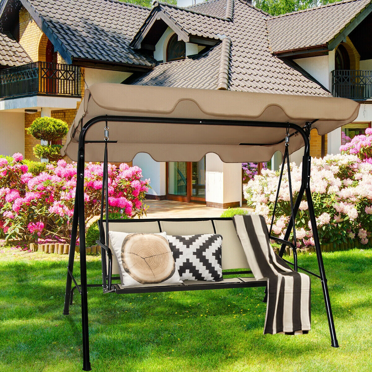 3 Person Steel Frame Patio Swing with Polyester Angle and Adjustable Canopy-BrownÂ