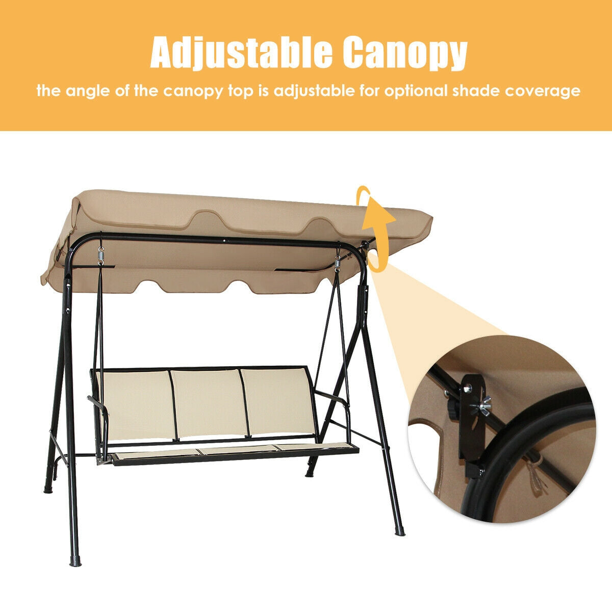 3 Person Steel Frame Patio Swing with Polyester Angle and Adjustable Canopy-BrownÂ