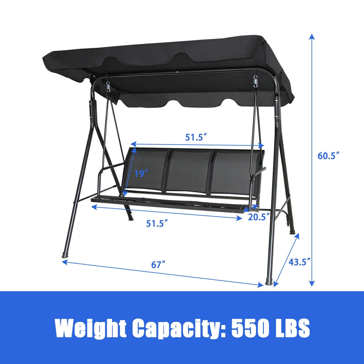 Outdoor Patio Swing Canopy 3 Person Canopy Swing Chair-BlackÂ