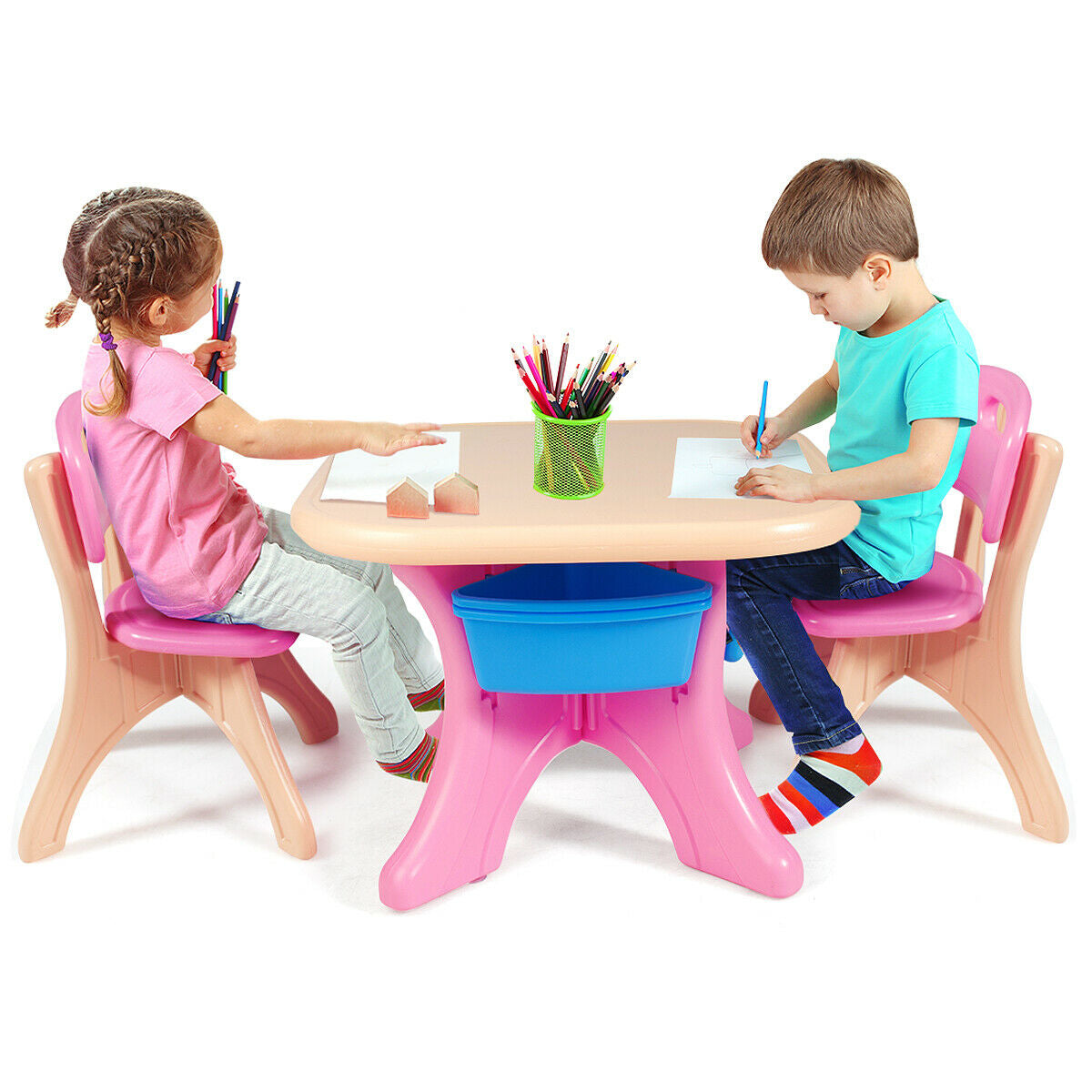 In/Outdoor 3-Piece Plastic Children Play Table & Chair Set-PinkÂ