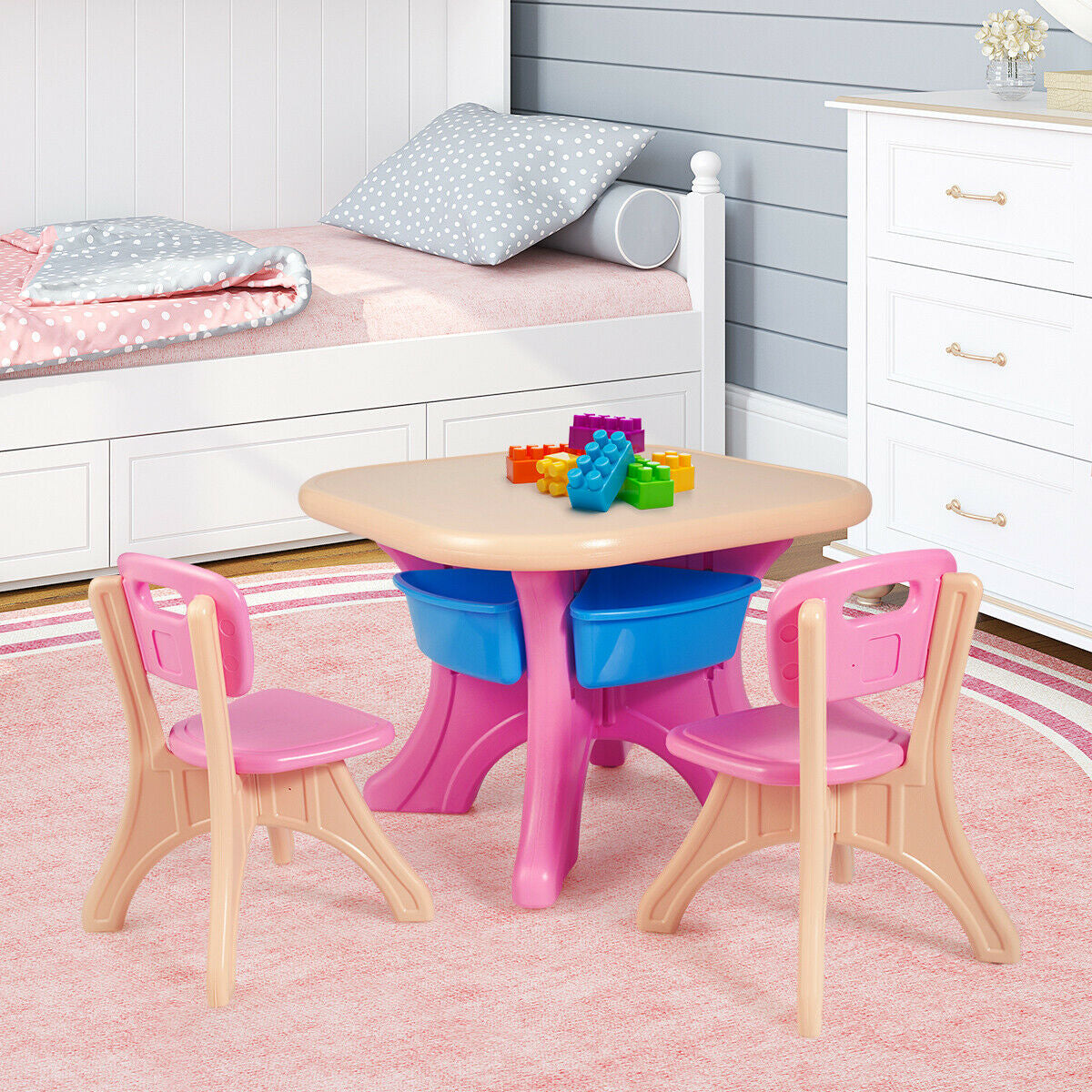 In/Outdoor 3-Piece Plastic Children Play Table & Chair Set-PinkÂ