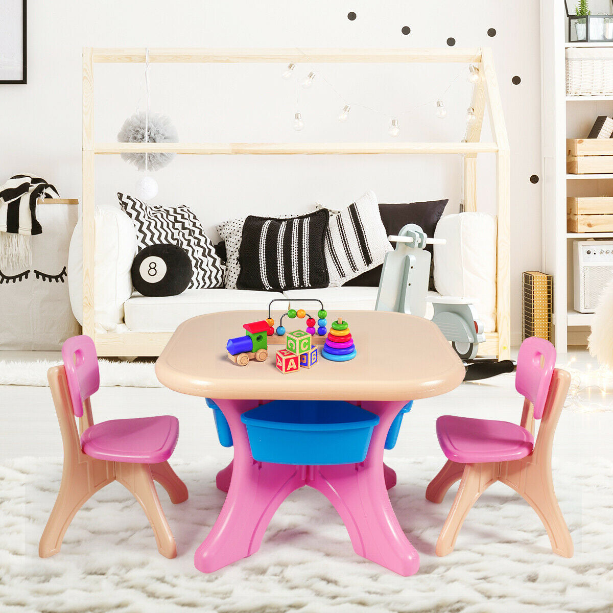 In/Outdoor 3-Piece Plastic Children Play Table & Chair Set-PinkÂ