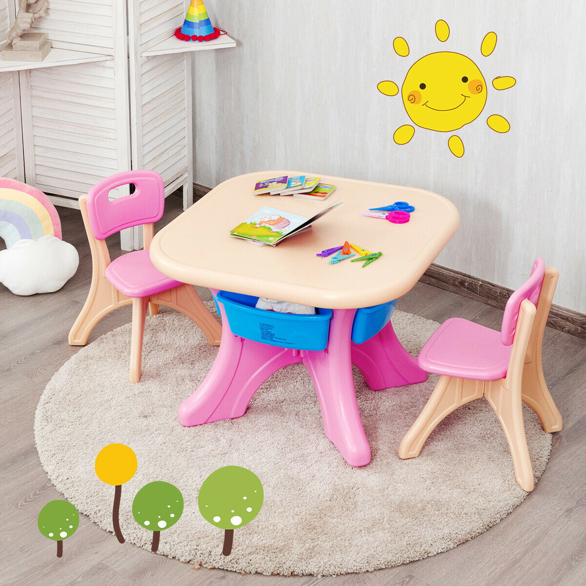 In/Outdoor 3-Piece Plastic Children Play Table & Chair Set-PinkÂ