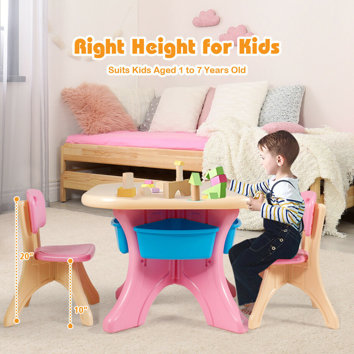 In/Outdoor 3-Piece Plastic Children Play Table & Chair Set-PinkÂ