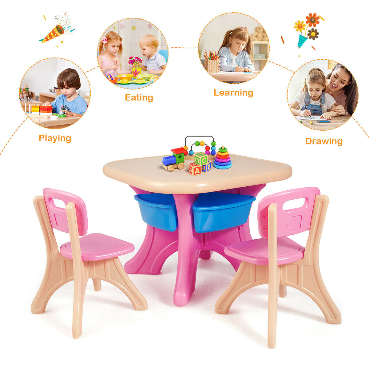 In/Outdoor 3-Piece Plastic Children Play Table & Chair Set-PinkÂ