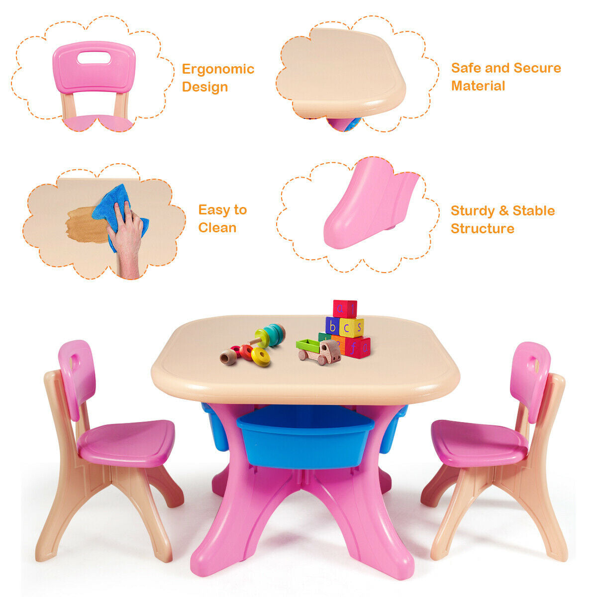 In/Outdoor 3-Piece Plastic Children Play Table & Chair Set-PinkÂ