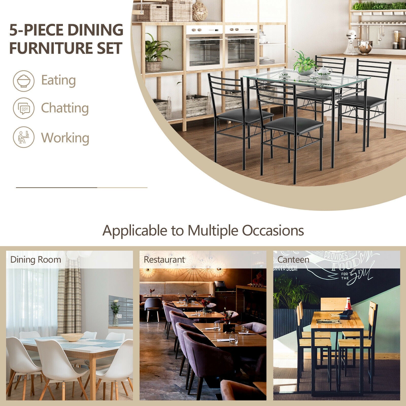 5 Pieces Dining Set with Tempered Glass Top Table and 4 Upholstered ChairsÂ