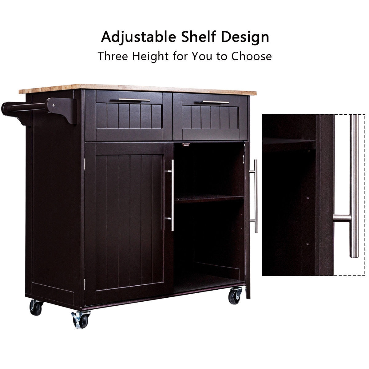 Heavy Duty Rolling Kitchen Cart with Tower Holder and Drawer-BrownÂ