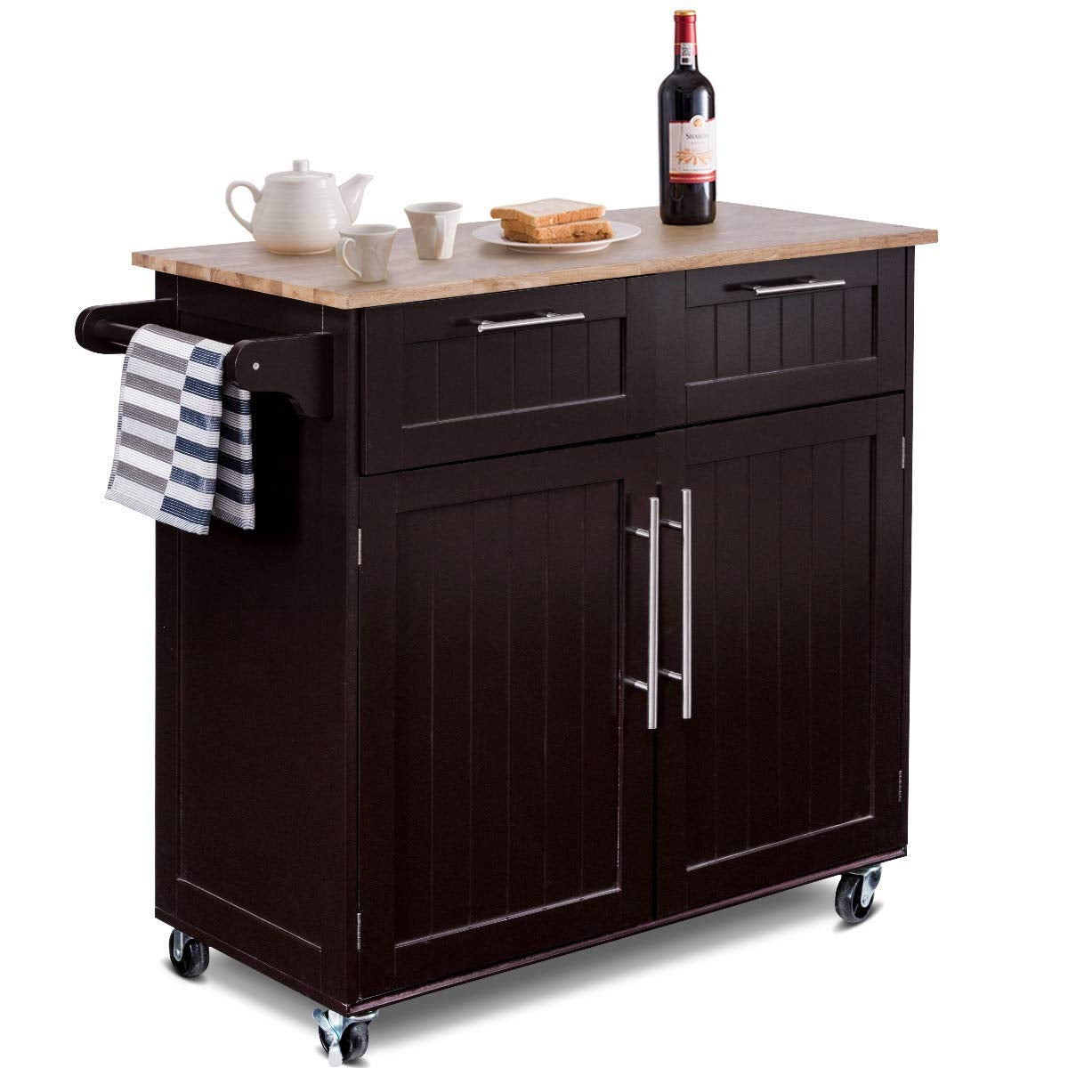 Heavy Duty Rolling Kitchen Cart with Tower Holder and Drawer-BrownÂ