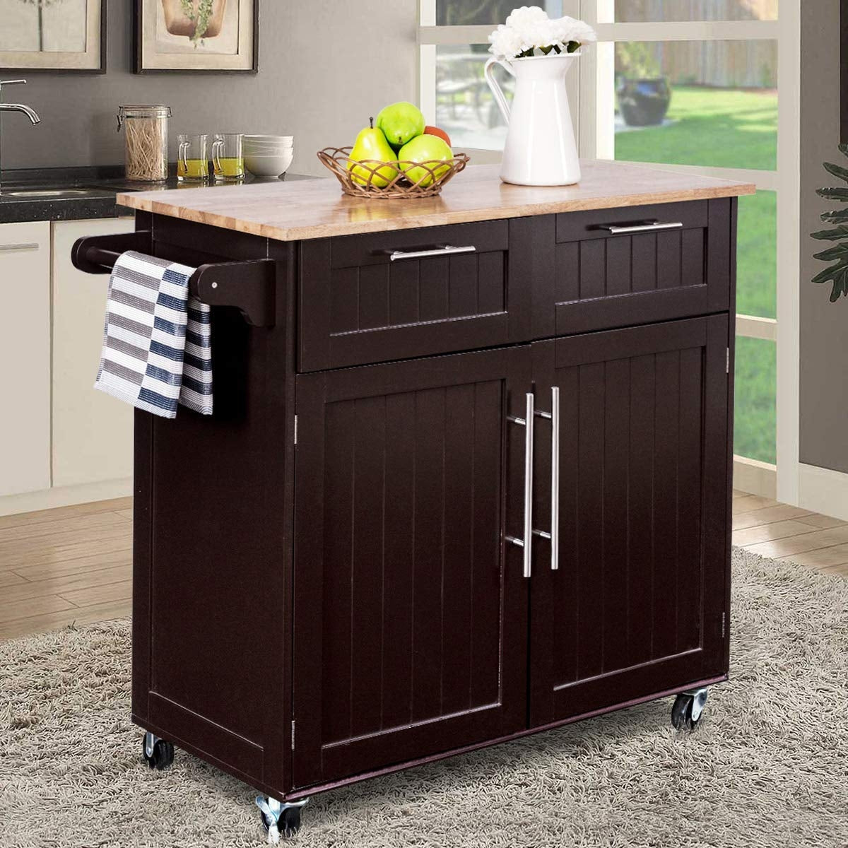 Heavy Duty Rolling Kitchen Cart with Tower Holder and Drawer-BrownÂ