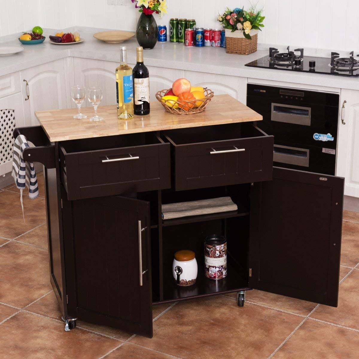 Heavy Duty Rolling Kitchen Cart with Tower Holder and Drawer-BrownÂ
