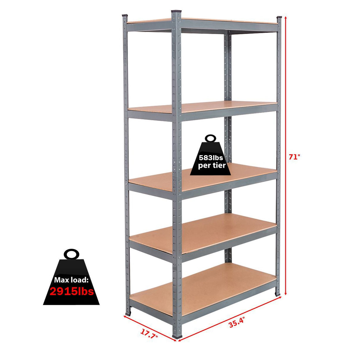 71 inch Heavy Duty Steel Adjustable 5 Level Storage Shelves-GrayÂ