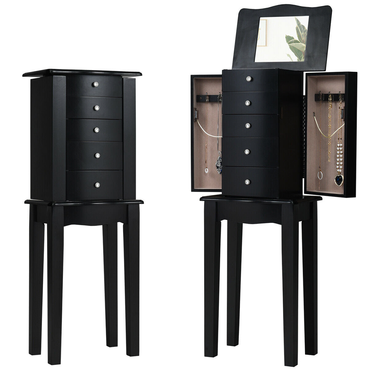 Wood Mirrored Jewelry Storage Chest CabinetÂ