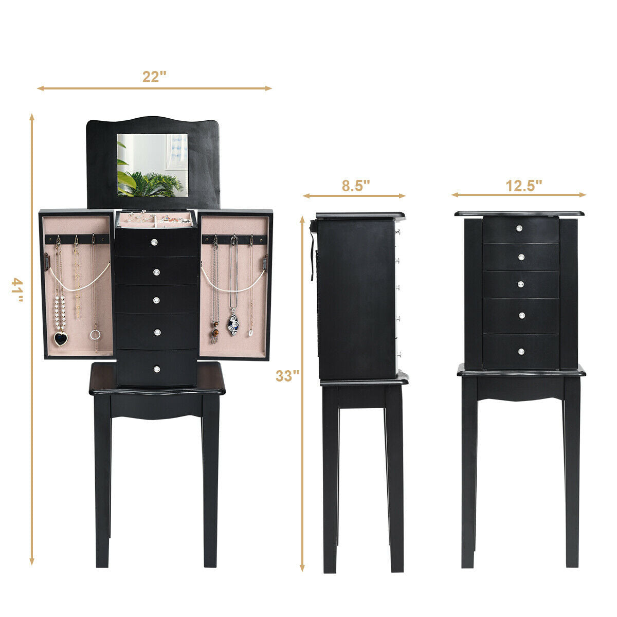 Wood Mirrored Jewelry Storage Chest CabinetÂ