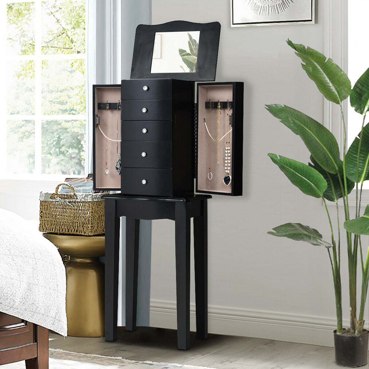 Wood Mirrored Jewelry Storage Chest CabinetÂ
