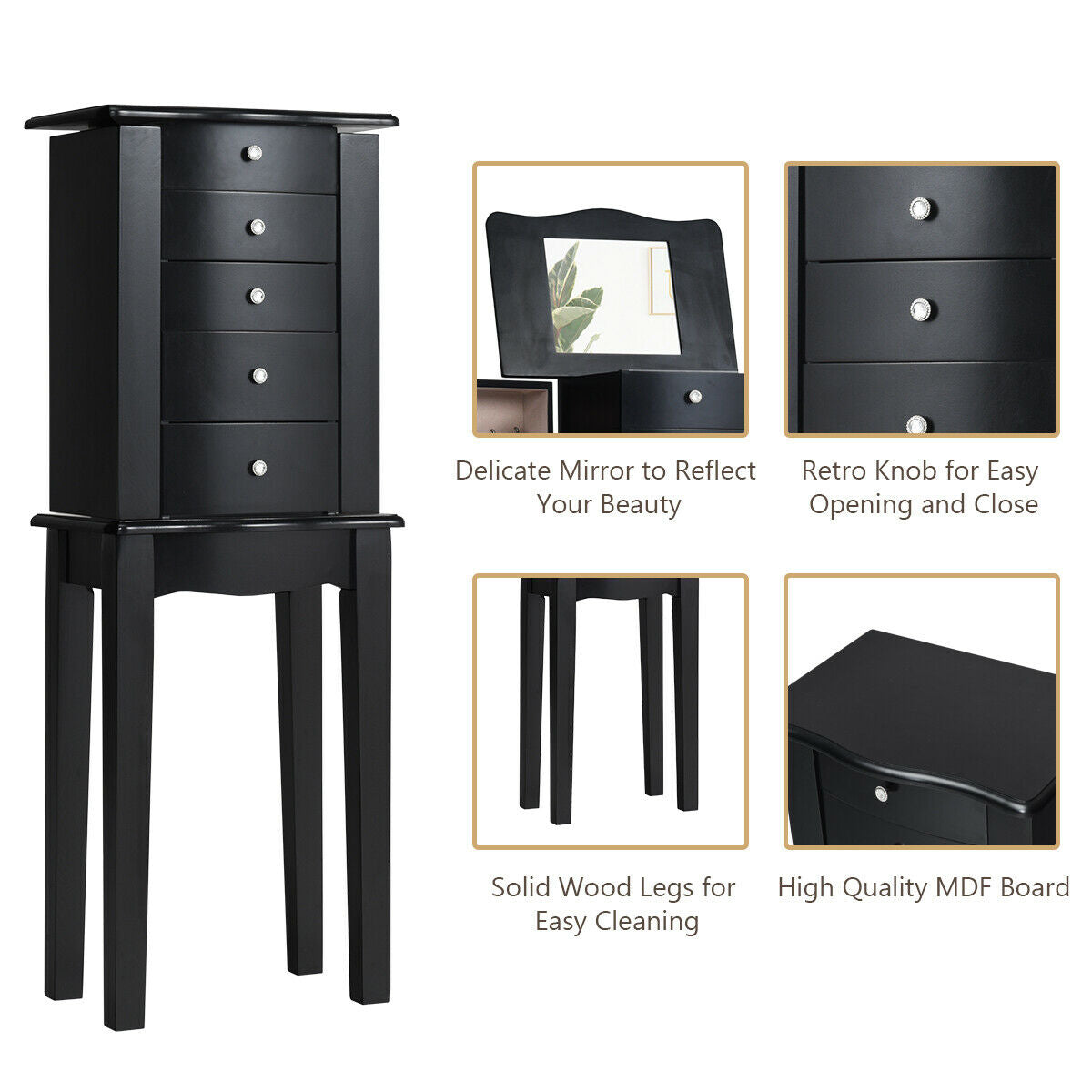 Wood Mirrored Jewelry Storage Chest CabinetÂ