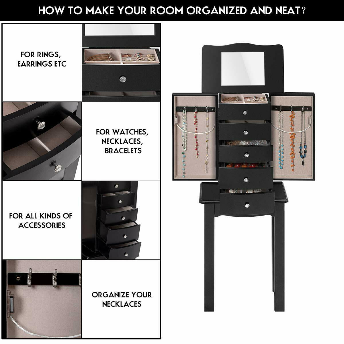 Wood Mirrored Jewelry Storage Chest CabinetÂ