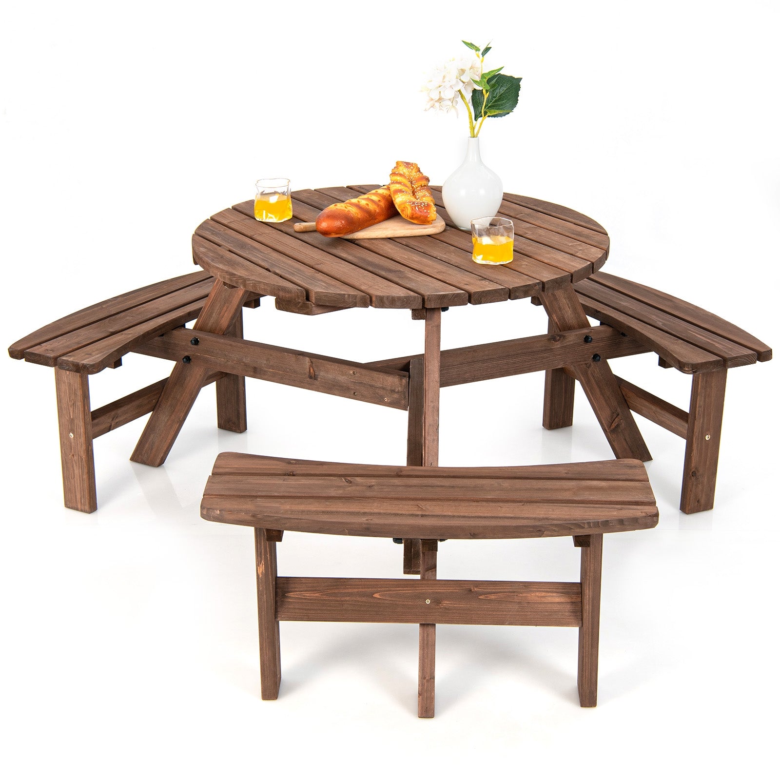 6 Person Wooden Picnic Table Set with Bench and Umbrella HoldÂ