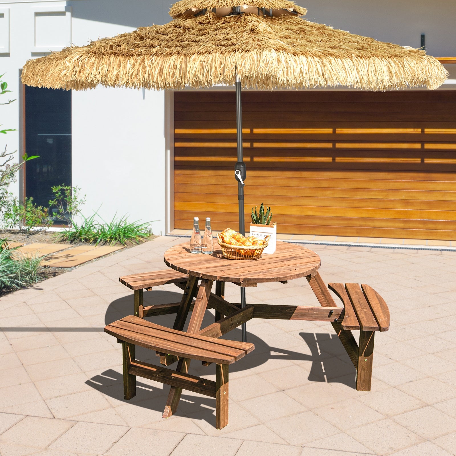 6 Person Wooden Picnic Table Set with Bench and Umbrella HoldÂ