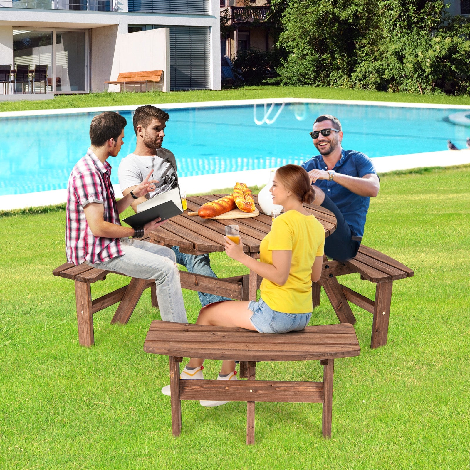 6 Person Wooden Picnic Table Set with Bench and Umbrella HoldÂ