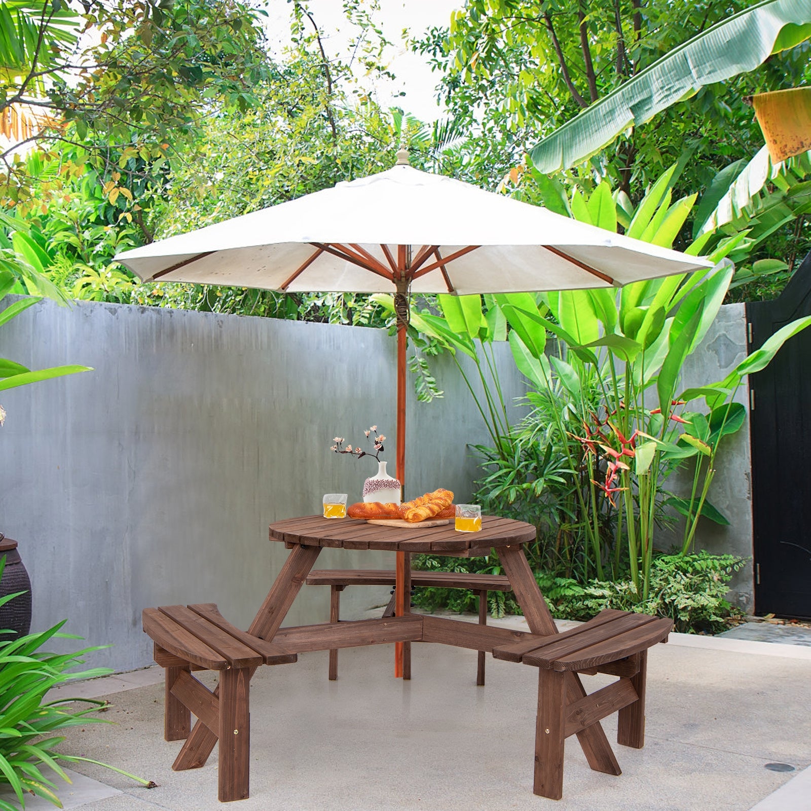 6 Person Wooden Picnic Table Set with Bench and Umbrella HoldÂ