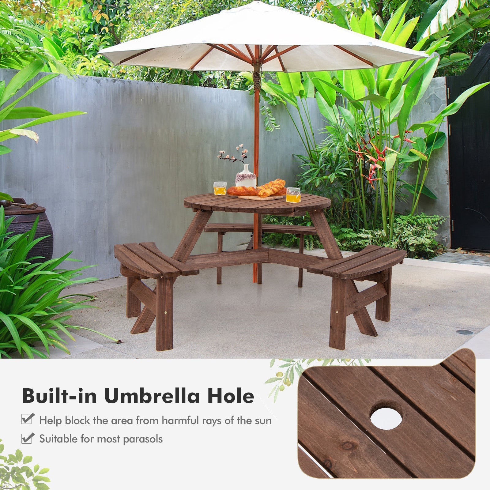 6 Person Wooden Picnic Table Set with Bench and Umbrella HoldÂ