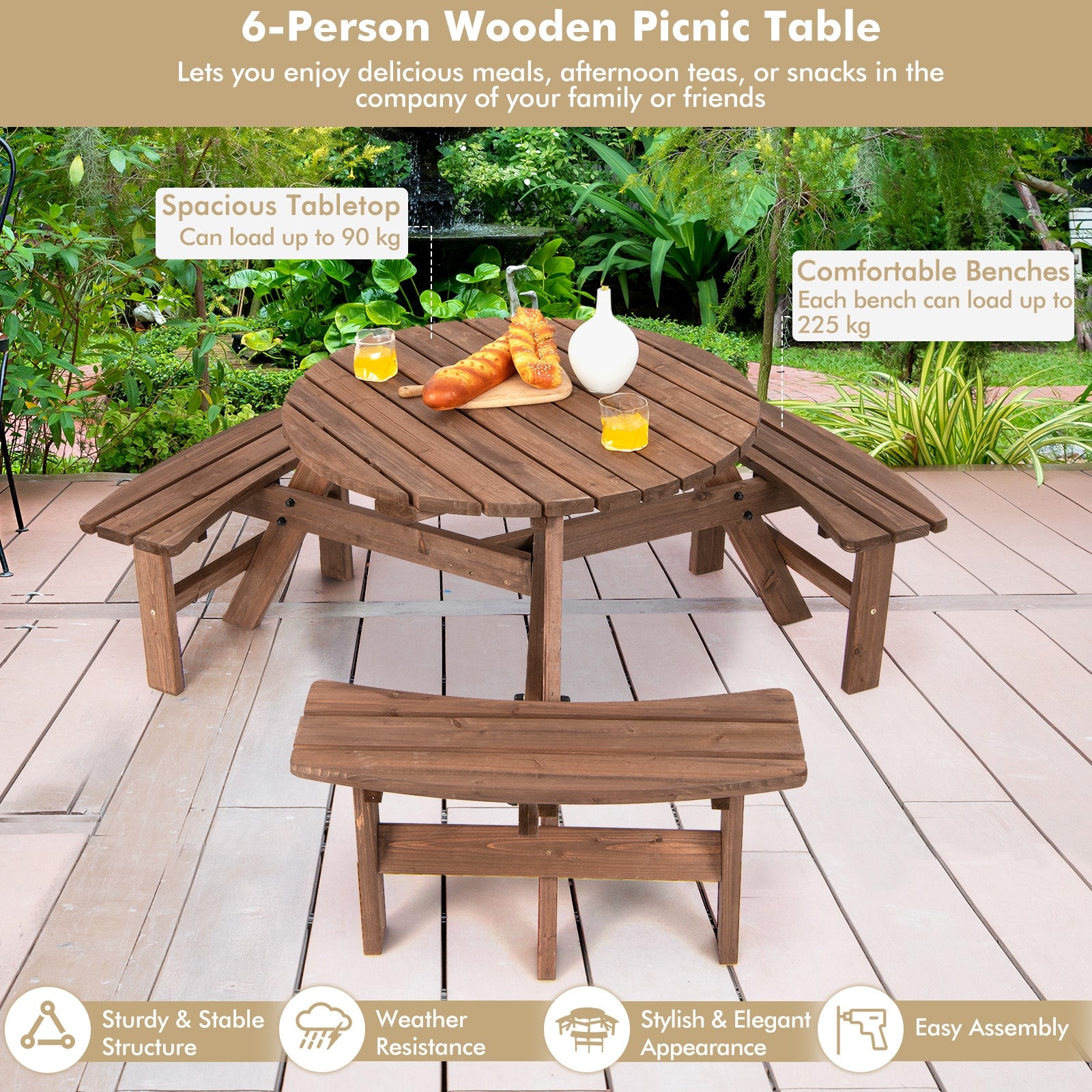 6 Person Wooden Picnic Table Set with Bench and Umbrella HoldÂ