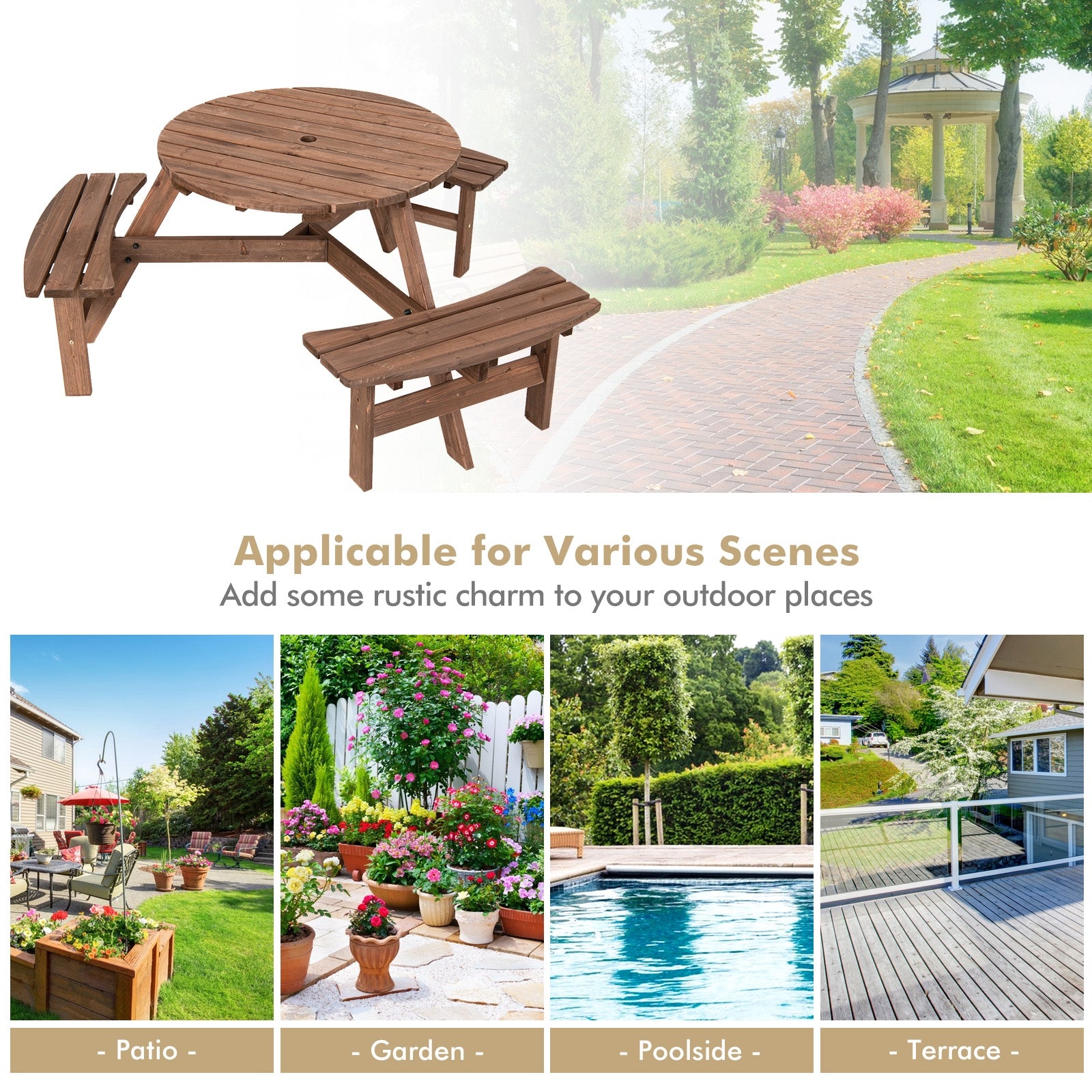 6 Person Wooden Picnic Table Set with Bench and Umbrella HoldÂ