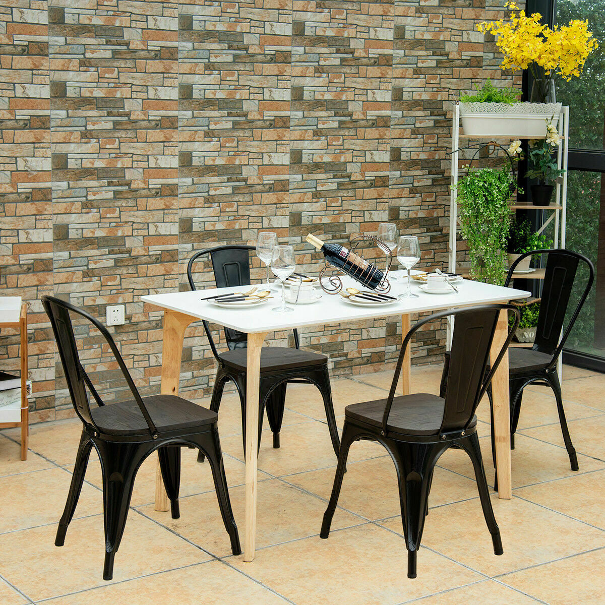 18 Inch Height Set of 4 Stackable Style Metal Wood Dining Chair-BlackÂ