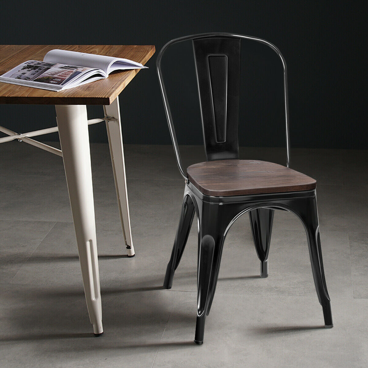 18 Inch Height Set of 4 Stackable Style Metal Wood Dining Chair-BlackÂ