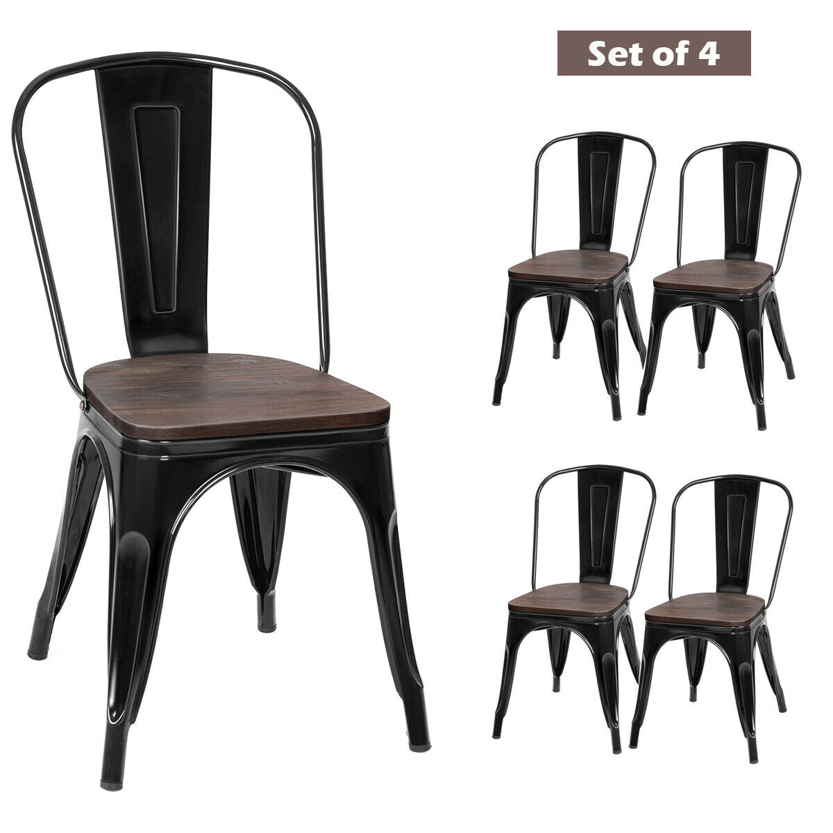 18 Inch Height Set of 4 Stackable Style Metal Wood Dining Chair-BlackÂ