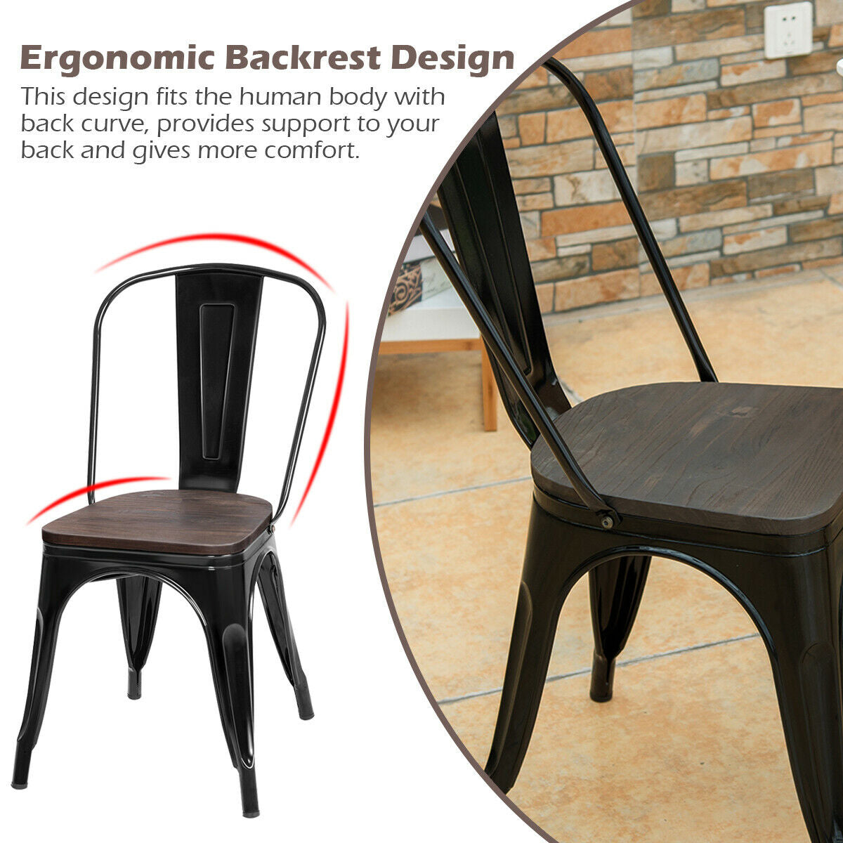 18 Inch Height Set of 4 Stackable Style Metal Wood Dining Chair-BlackÂ
