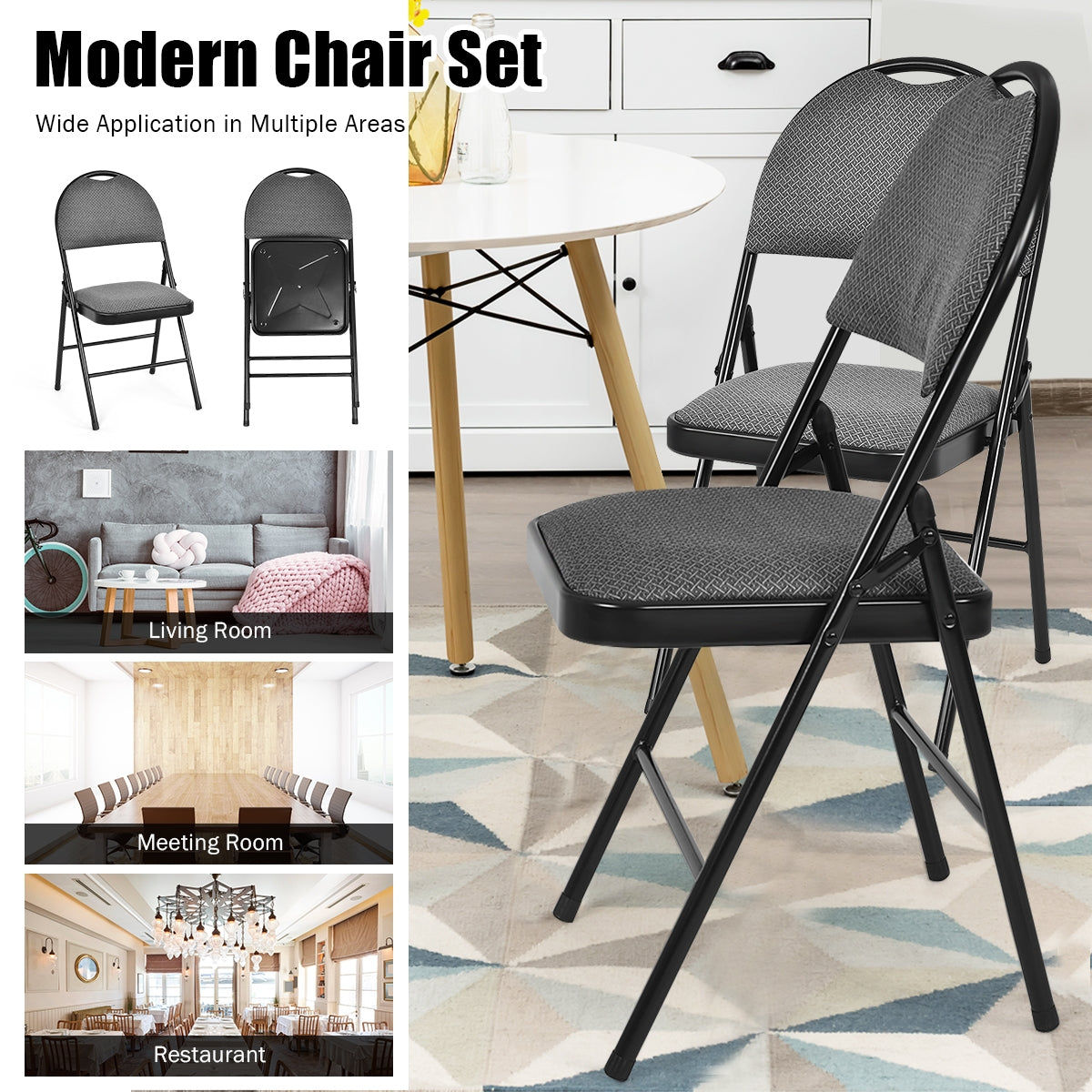6 Pack Folding Chairs Portable Padded Office Kitchen Dining Chairs-BlackÂ
