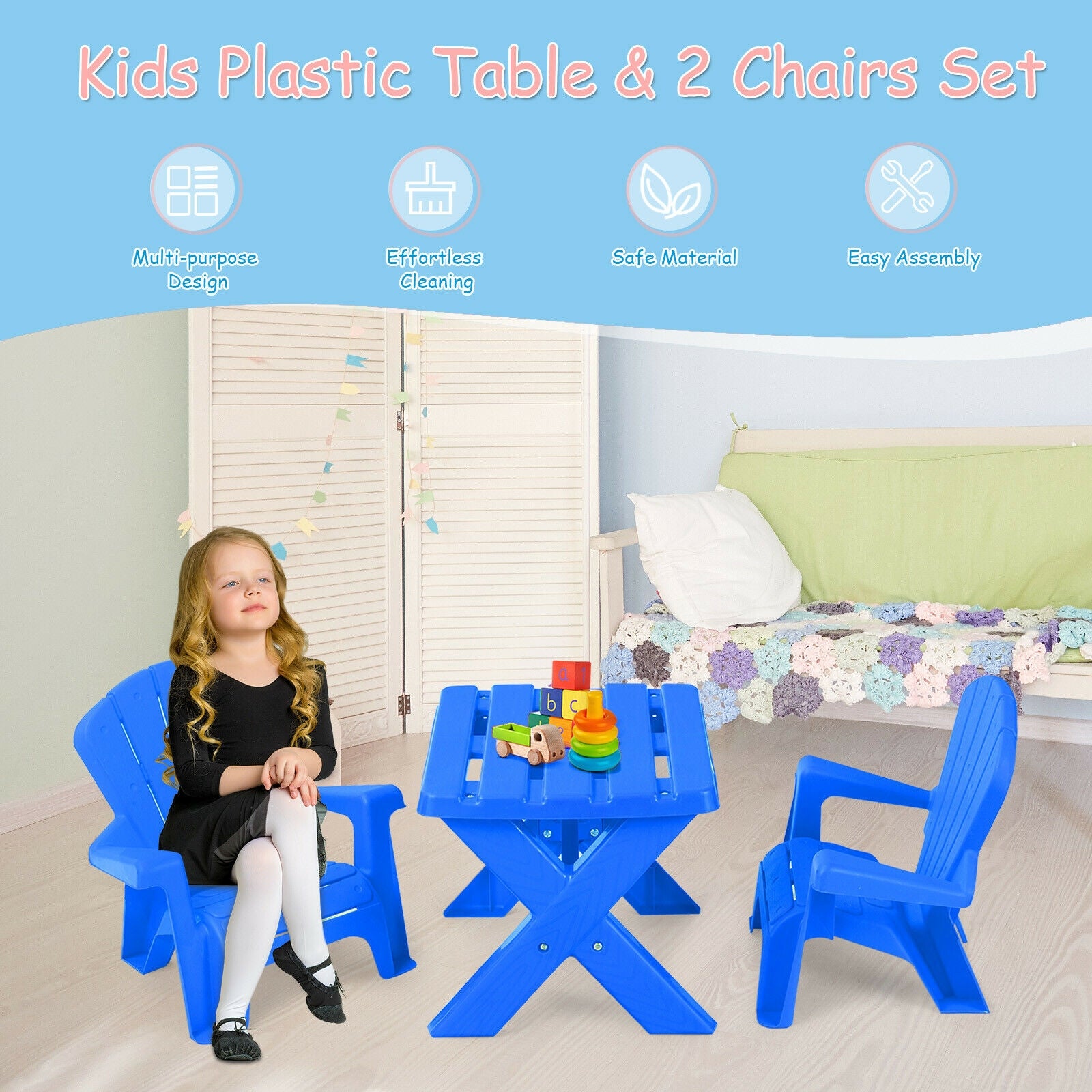 3-Piece Plastic Children Table Chair Set-BlueÂ