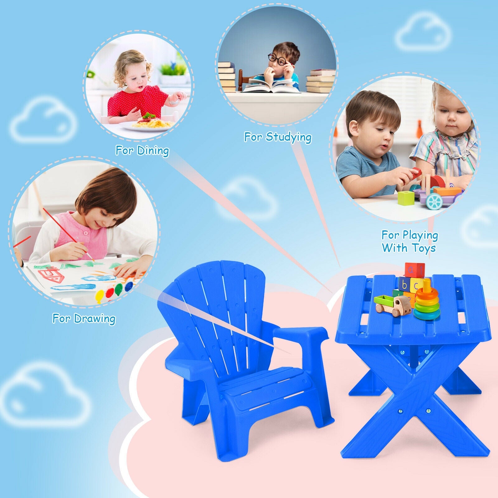 3-Piece Plastic Children Table Chair Set-BlueÂ