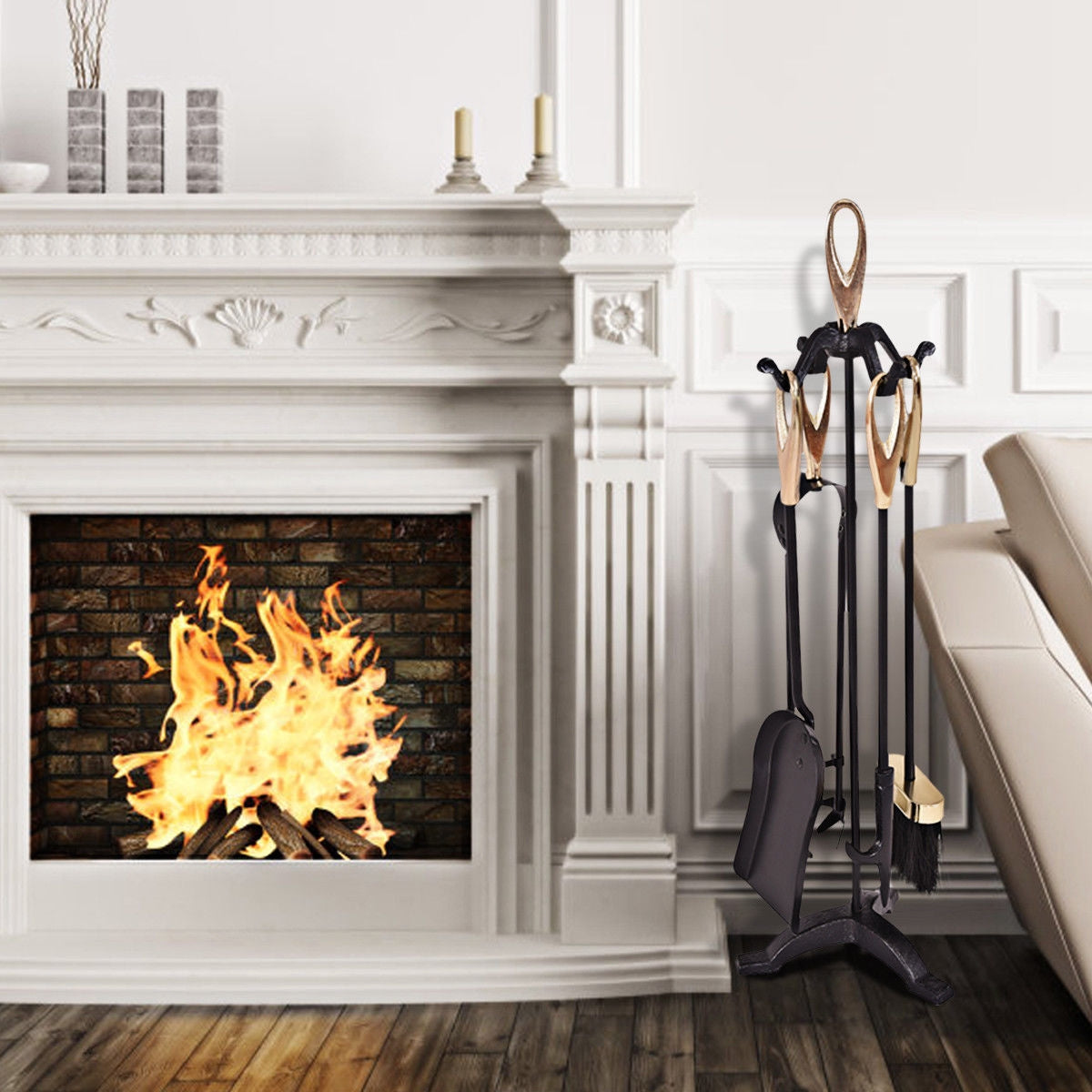 5 Pieces Stylish Gold Iron Fireplace Tools SetÂ