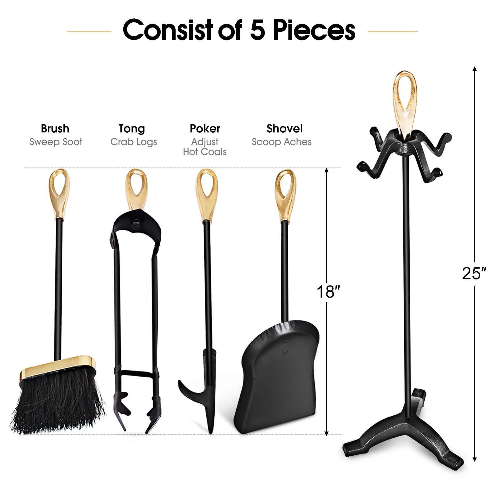5 Pieces Stylish Gold Iron Fireplace Tools SetÂ