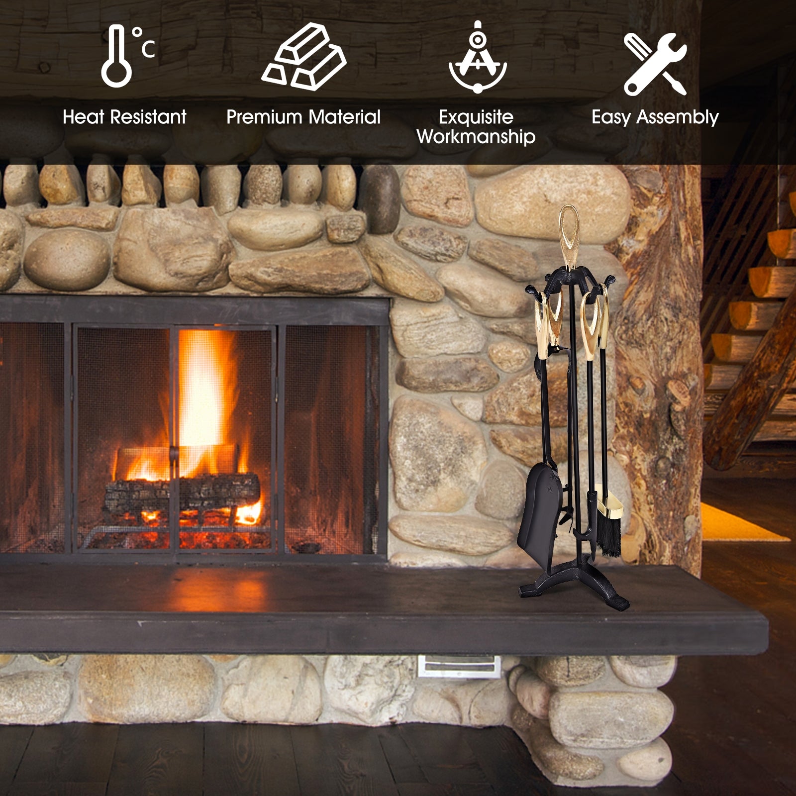 5 Pieces Stylish Gold Iron Fireplace Tools SetÂ