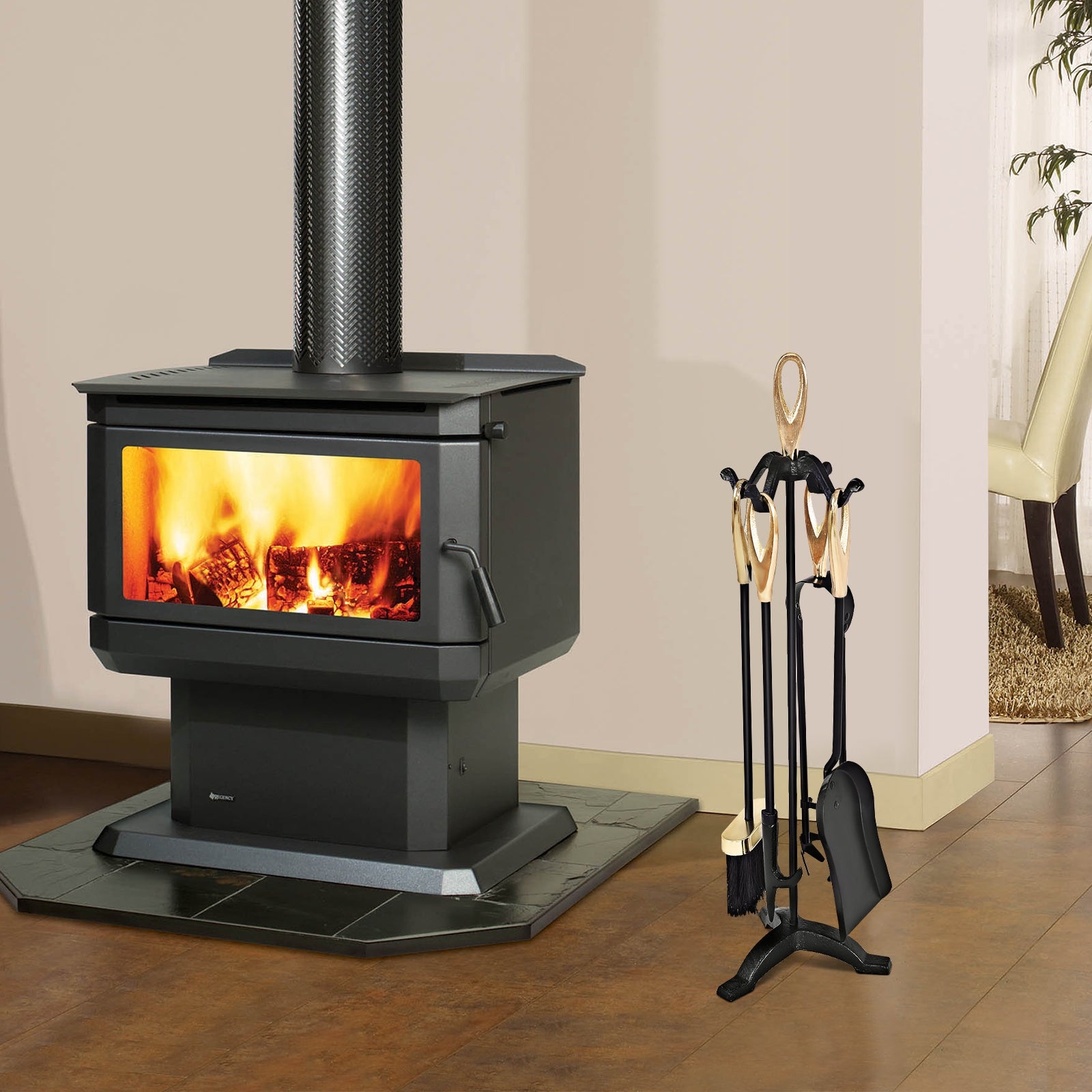 5 Pieces Stylish Gold Iron Fireplace Tools SetÂ