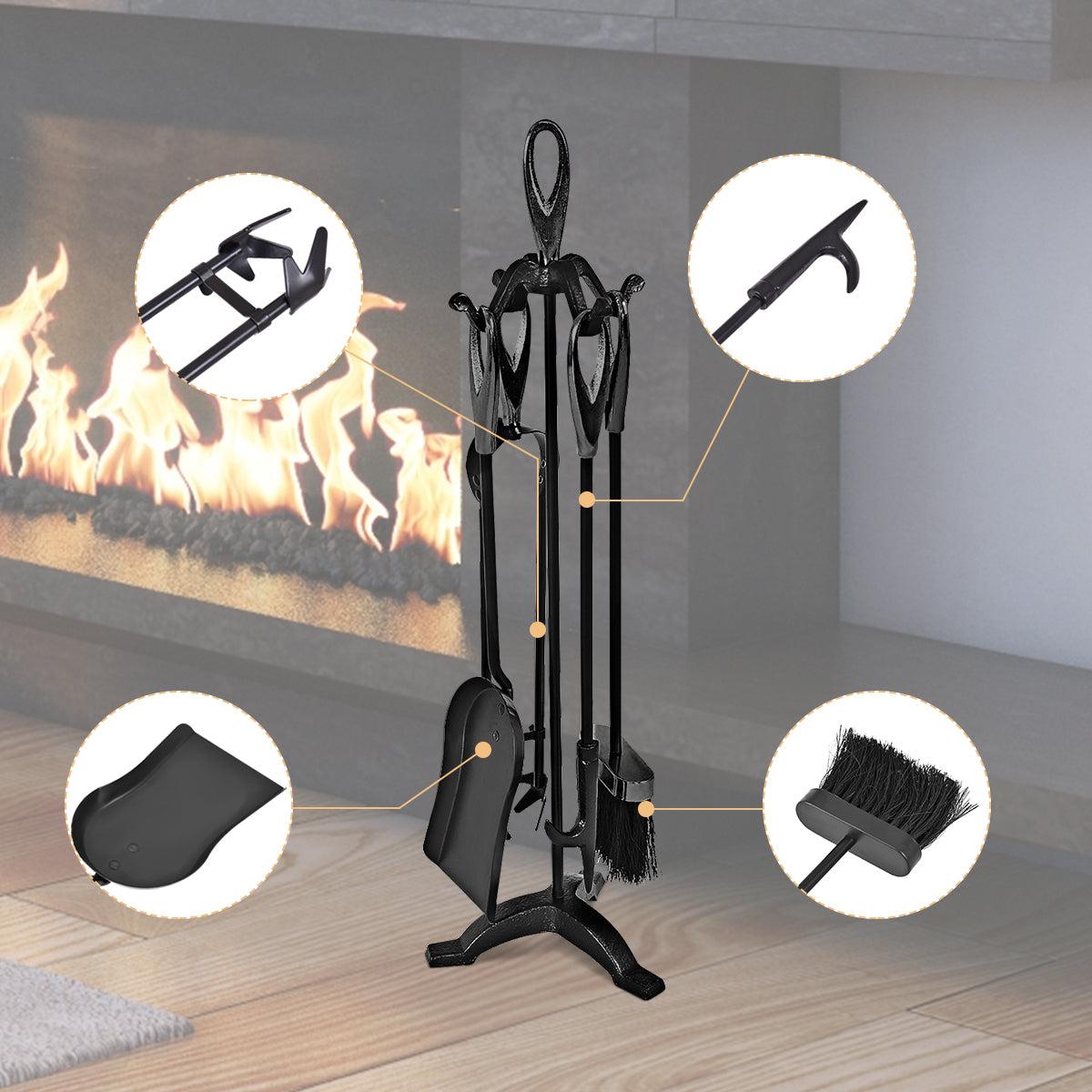 5 Pieces Rustic Heavy Duty Compact Wrought Iron Fireplace Tools SetÂ