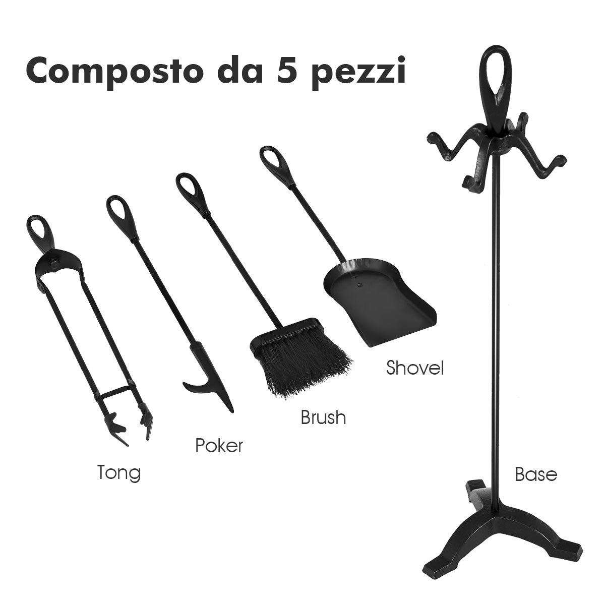 5 Pieces Rustic Heavy Duty Compact Wrought Iron Fireplace Tools SetÂ