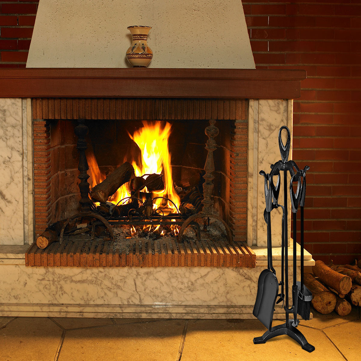 5 Pieces Rustic Heavy Duty Compact Wrought Iron Fireplace Tools SetÂ