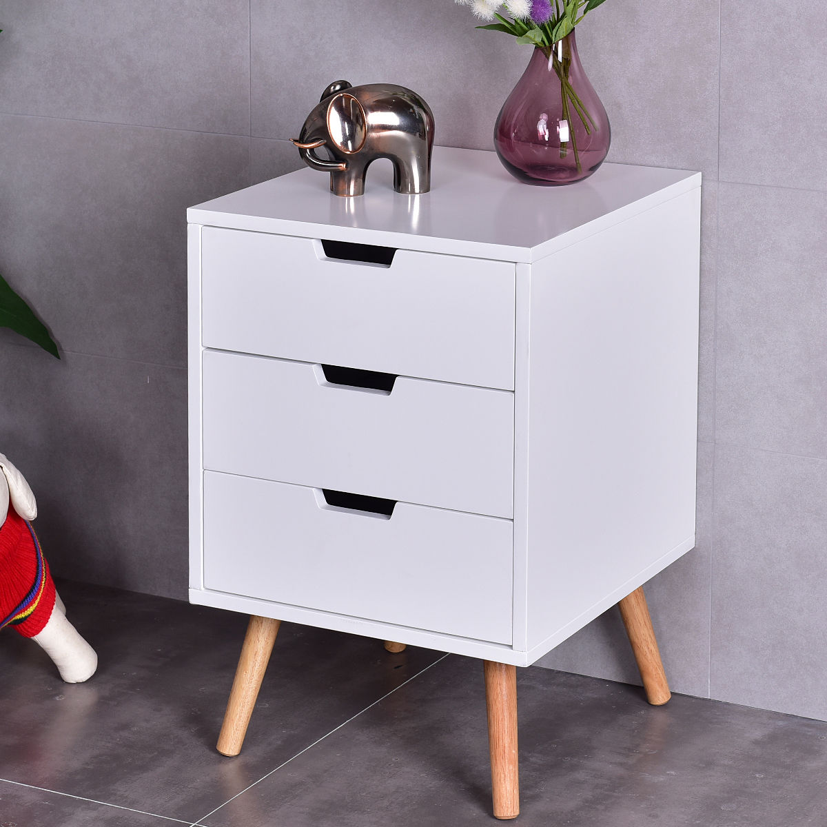 White Wood Side End Table Nightstand W/3 Drawers Mid-Century AccentÂ