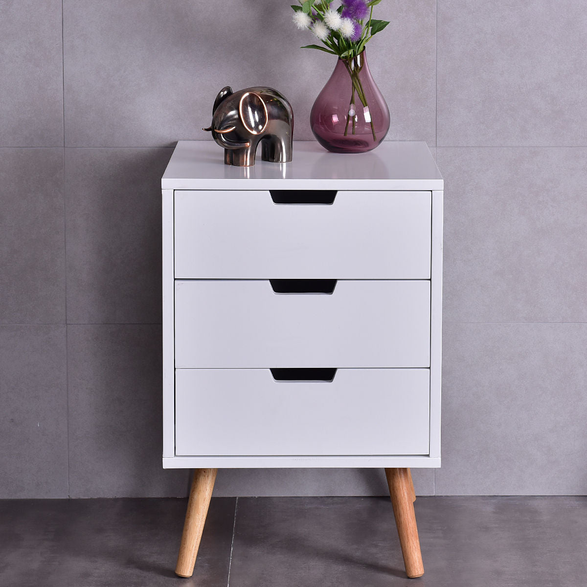 White Wood Side End Table Nightstand W/3 Drawers Mid-Century AccentÂ