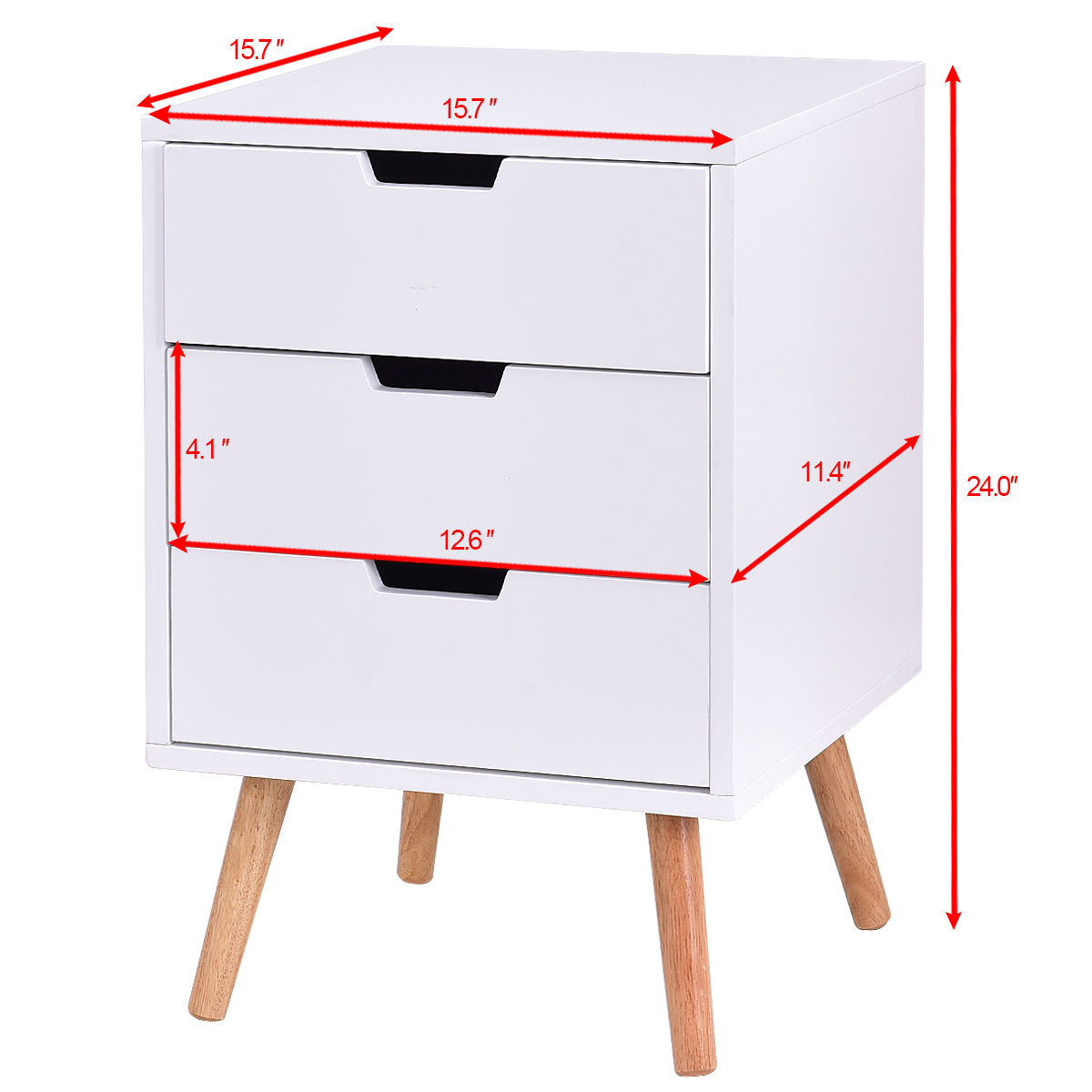 White Wood Side End Table Nightstand W/3 Drawers Mid-Century AccentÂ