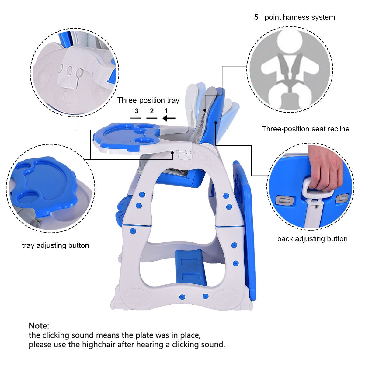 3 in 1 Convertible Play Table Seat Baby High Chair-BlueÂ